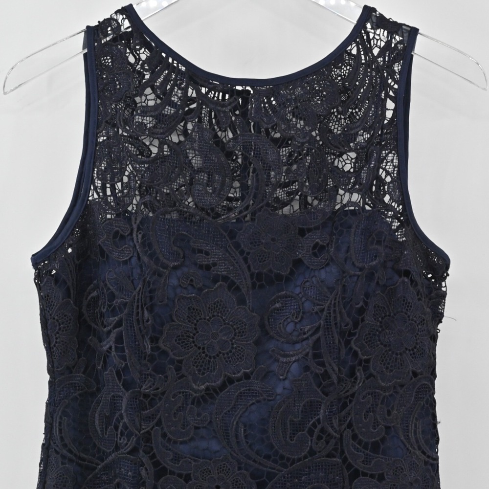 Adrianna Papell Lace Sheath Dress Womens Size 6 Navy Blue Floral Cocktail Party - Picture 9 of 12